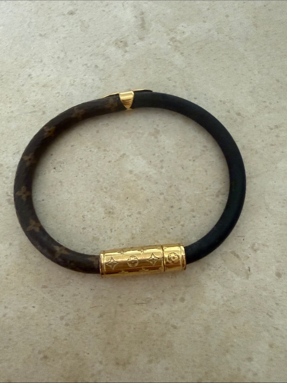 Louis Vuitton Brown Monogram and Black Leather Bracelet with Gold Clasp